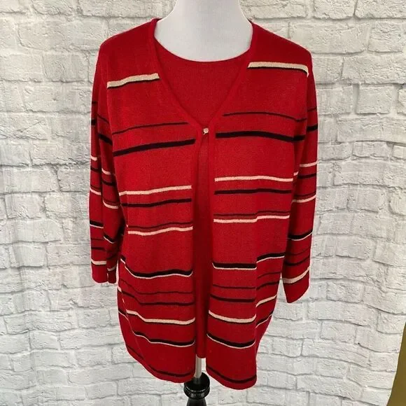 Sag Harbor women XL 3/4 sleeve layered stripe sweater w/clasp close red - Picture 1 of 11